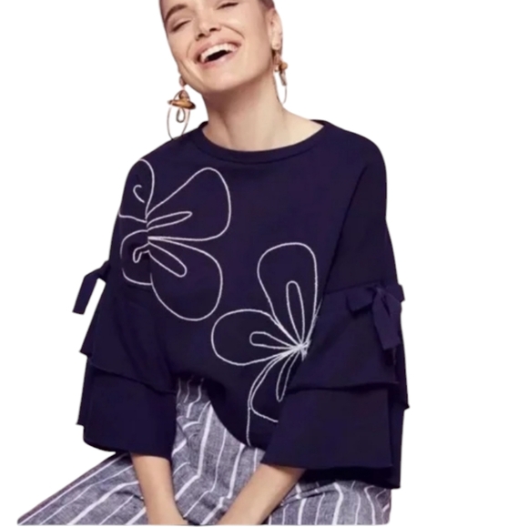 Parker Oamara Navy Blue Crewneck Floral Topstitch Cotton Blouse XL Artsy Boho - Picture 12 of 12